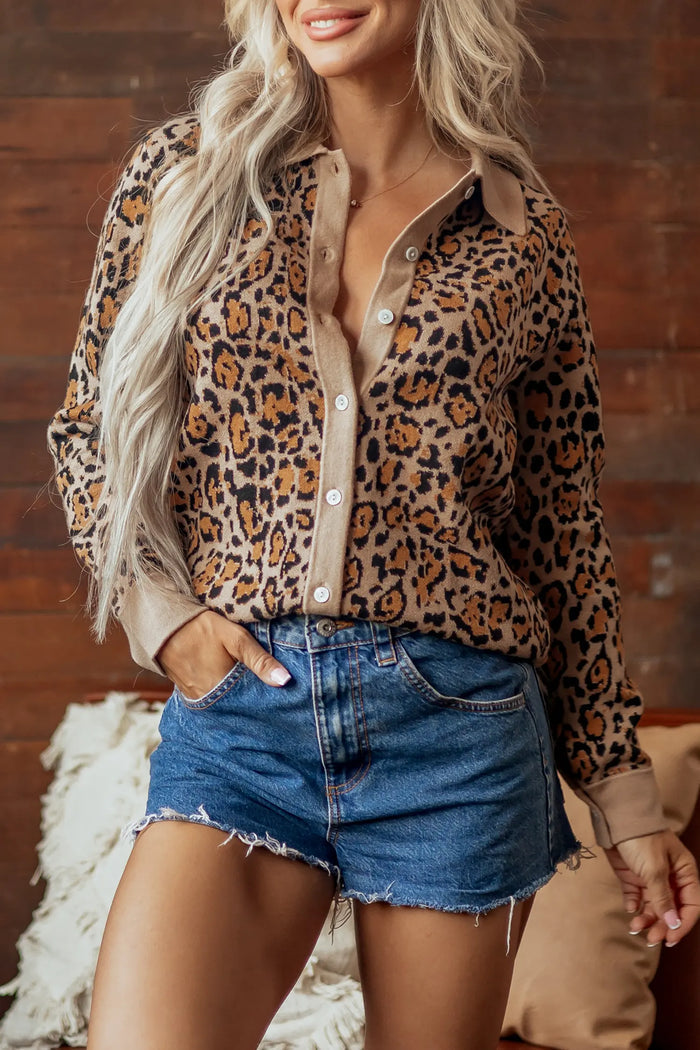 Leopard Print Button-Up Cardigan Long Sleeve Cardigans – Brown