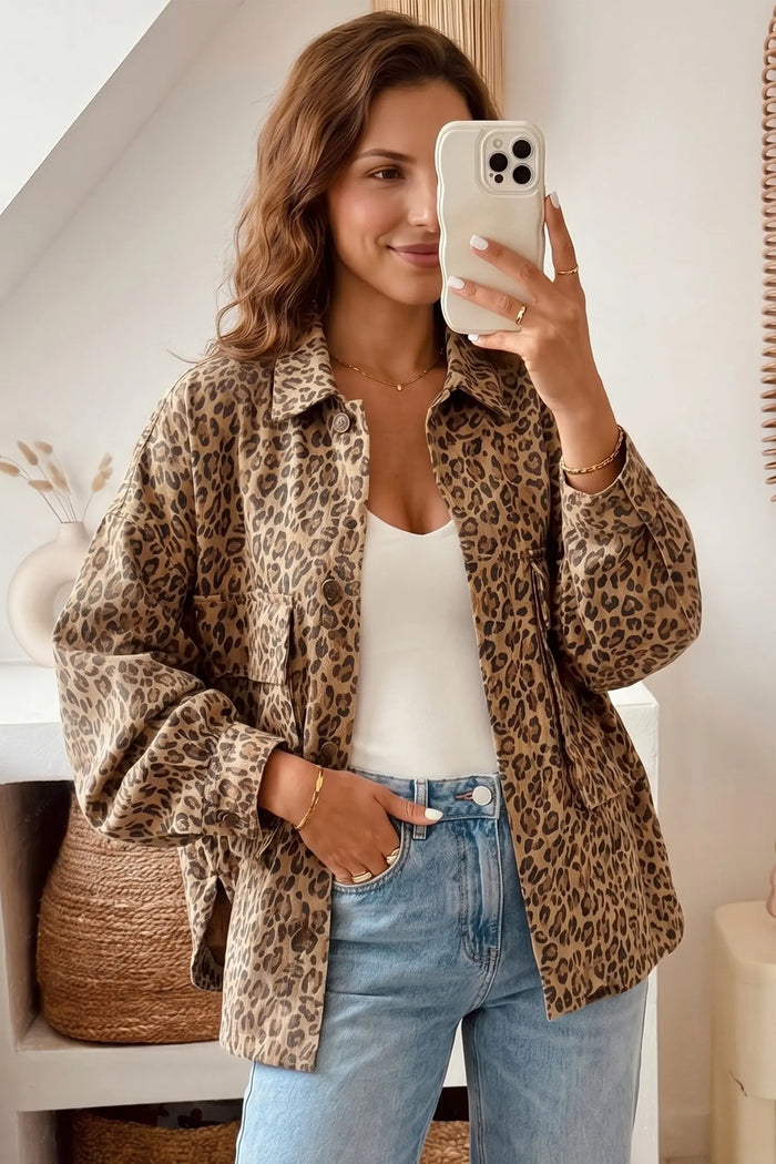Leopard Print Collar Long Sleeve Patch Pocket Shift Denim Jacket – Khaki