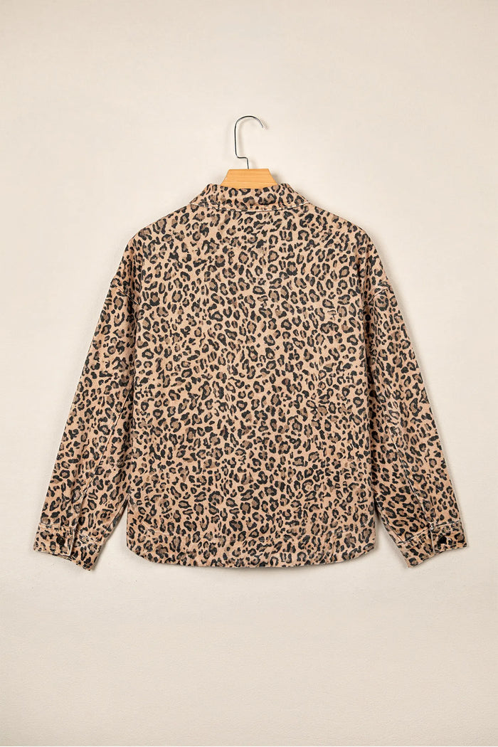 Leopard Print Collar Long Sleeve Patch Pocket Shift Denim Jacket – Khaki