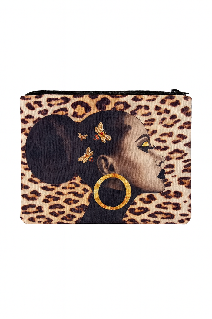 Leopard print rectangular zipper pouch featuring a fashion girl graphic with butterfly accents and gold hoop earring detail.