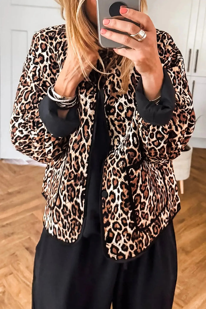 Leopard Print Quilted Button Front Patch Pockets Jacket – Brown