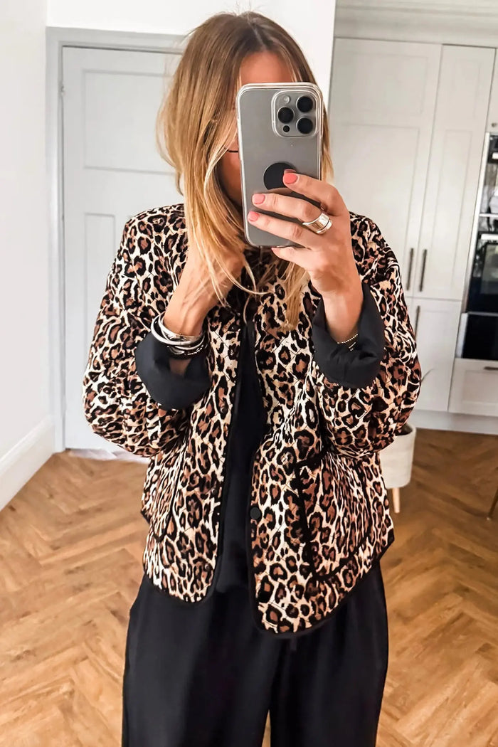 Leopard Print Quilted Button Front Patch Pockets Jacket – Brown