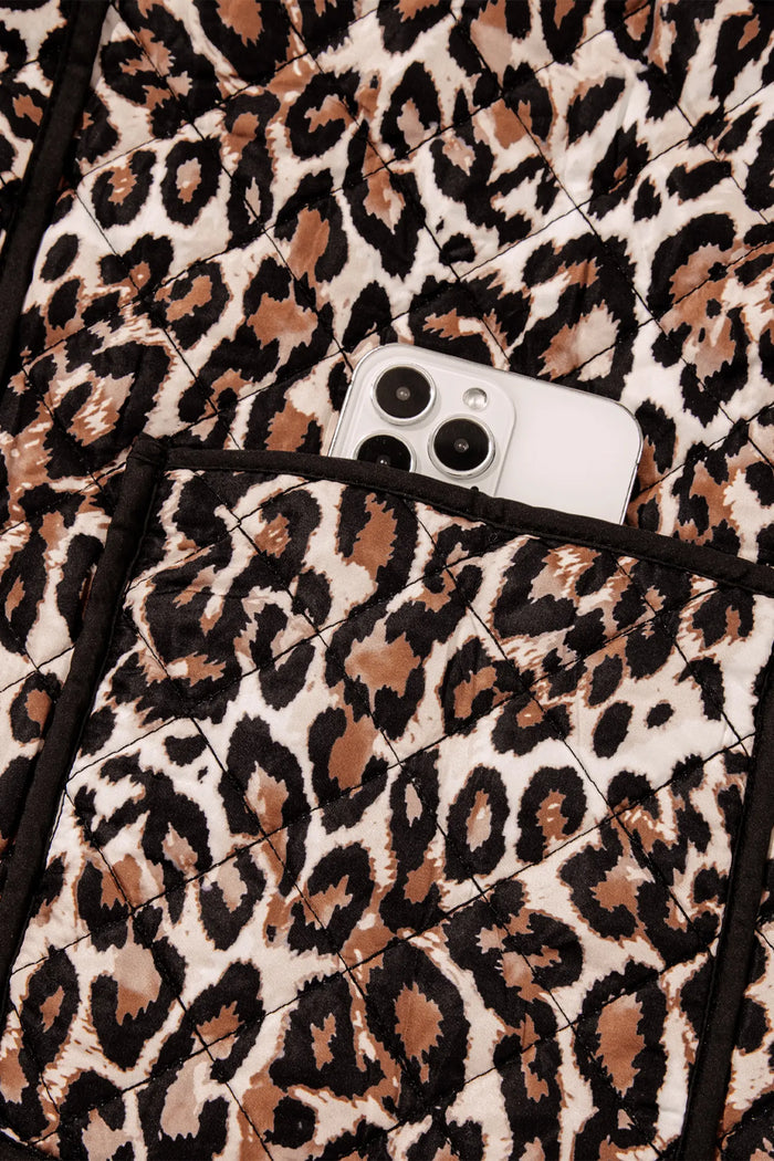 Leopard Print Quilted Button Front Patch Pockets Jacket – Brown