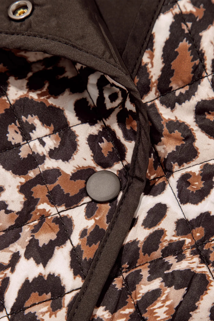 Leopard Print Quilted Button Front Patch Pockets Jacket – Brown