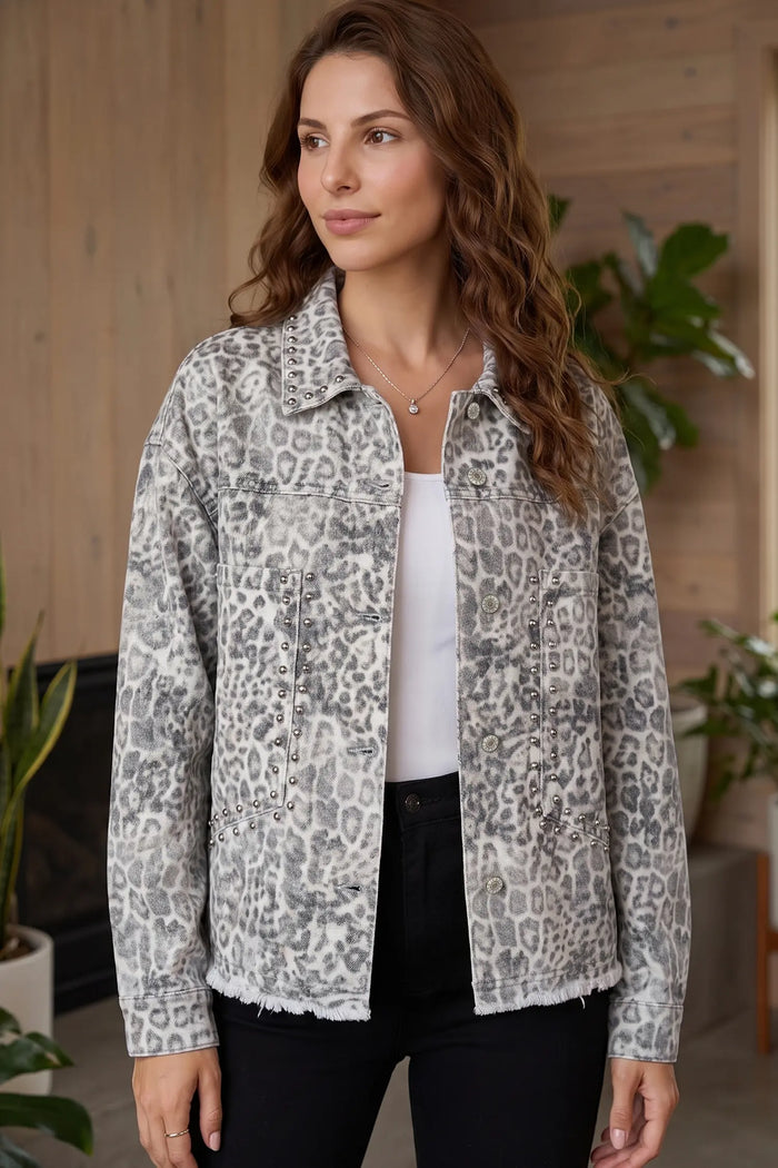 Leopard Print Studded Collar Studded Patch Pocket Denim Jacket – Khaki