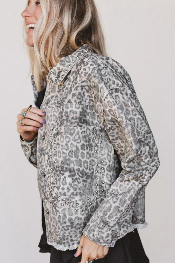 Leopard Print Studded Collar Studded Patch Pocket Denim Jacket – Khaki
