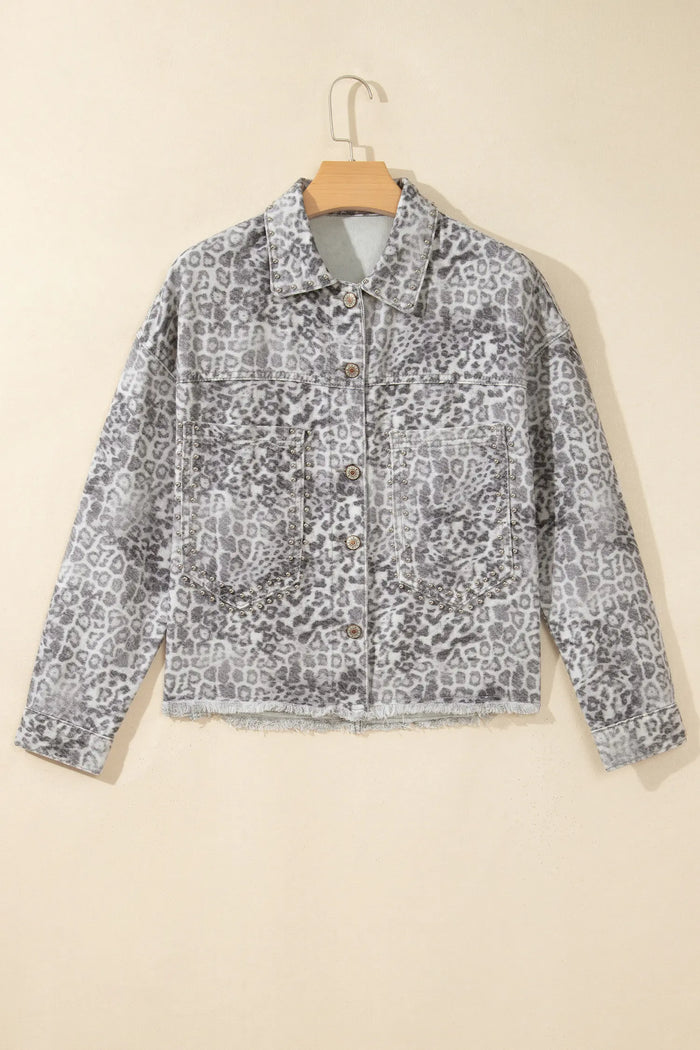 Leopard Print Studded Collar Studded Patch Pocket Denim Jacket – Khaki