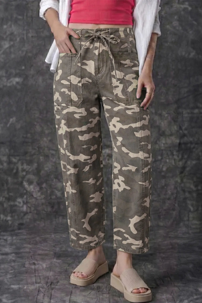 Leopard Printed Drawstring Elastic Waistband Pocketed Barrel Jeans – Green