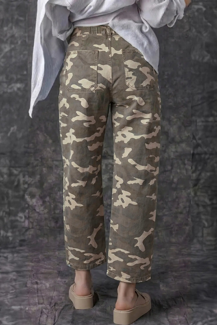 Leopard Printed Drawstring Elastic Waistband Pocketed Barrel Jeans – Green