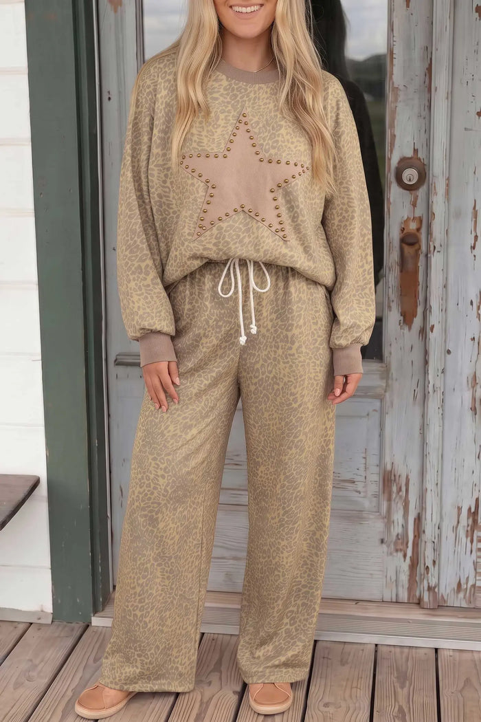 Leopard Star Print Long Sleeve Loose Casual Two Piece Pants Set – Khaki