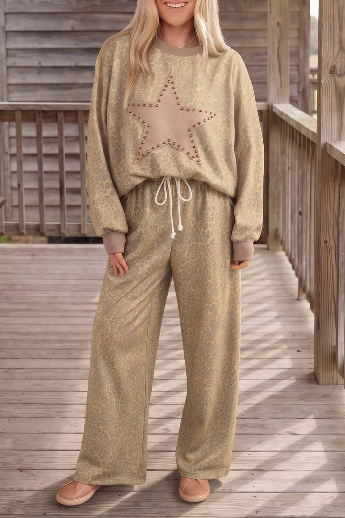 Leopard Star Print Long Sleeve Loose Casual Two Piece Pants Set – Khaki