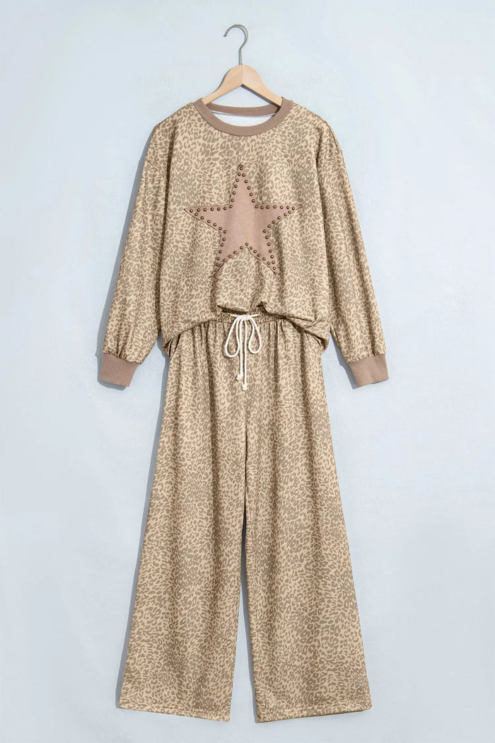 Leopard Star Print Long Sleeve Loose Casual Two Piece Pants Set – Khaki
