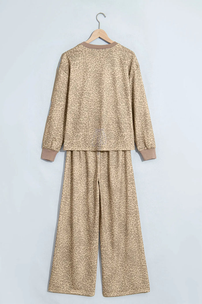 Leopard Star Print Long Sleeve Loose Casual Two Piece Pants Set – Khaki