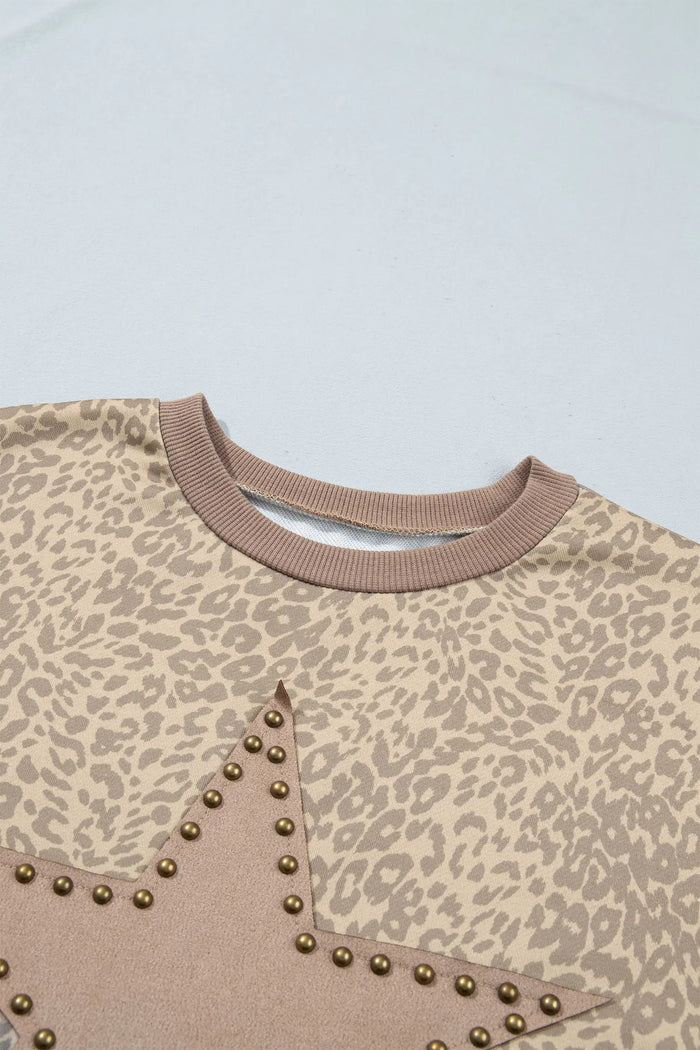 Leopard Star Print Long Sleeve Loose Casual Two Piece Pants Set – Khaki