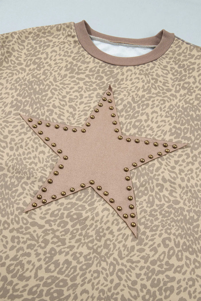 Leopard Star Print Long Sleeve Loose Casual Two Piece Pants Set – Khaki