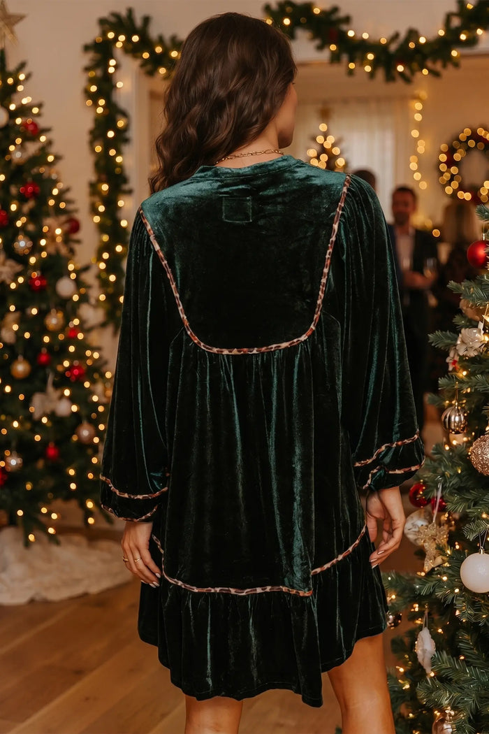 Leopard Trim Velvet Long Sleeve Shift Dress – Blackish Green
