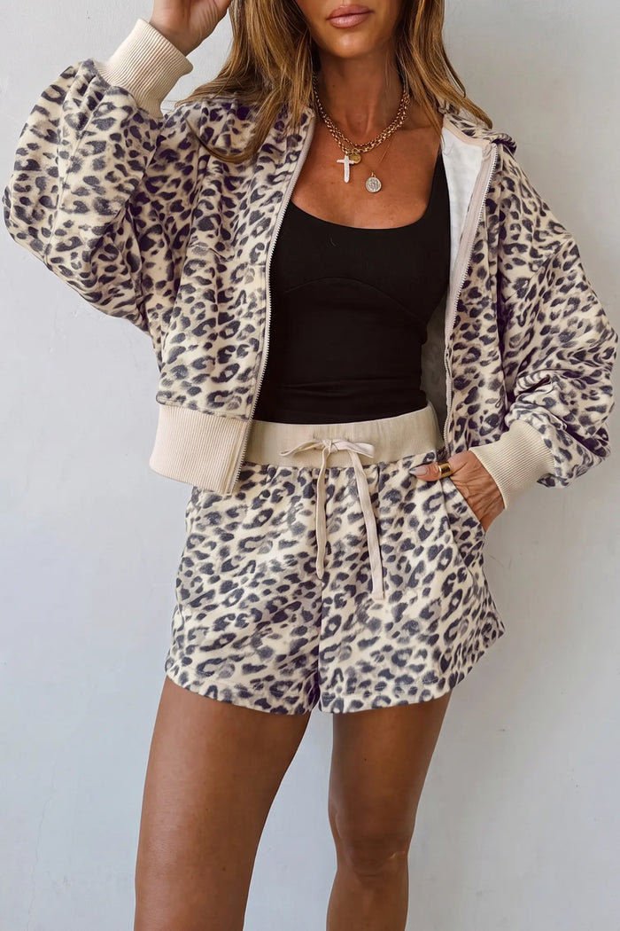 Leopard Zip-Up Hooded Drawstring Pant Set – Multicolour