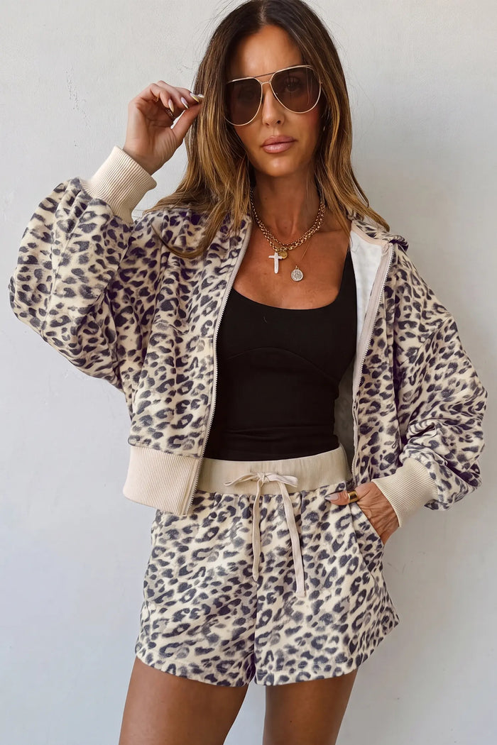 Leopard Zip-Up Hooded Drawstring Pant Set – Multicolour