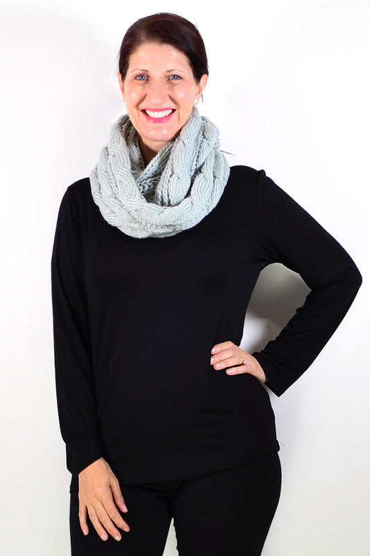 Light grey infinity snood scarf from I Love Tunics, showcasing its soft knit fabric and seamless circular design.