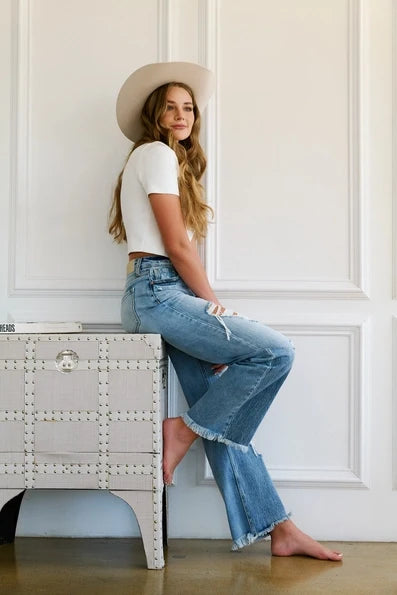 Light Wash Distressed Wide Leg Jeans - Born To Glam