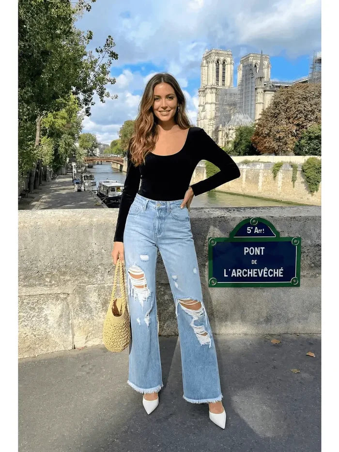 Light Wash Distressed Wide Leg Jeans - Born To Glam