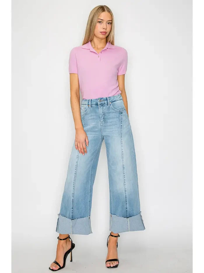 Light Wash Wide Leg Cuffed Jeans - Born To Glam