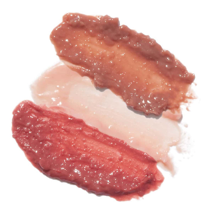 Three lip gloss swatches on a white background.