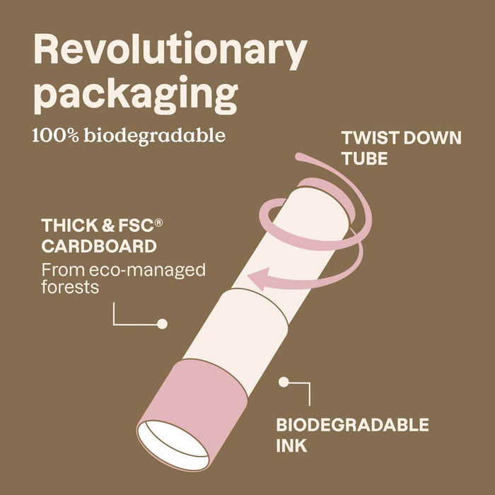 Illustration of a biodegradable packaging tube with text on a brown background.