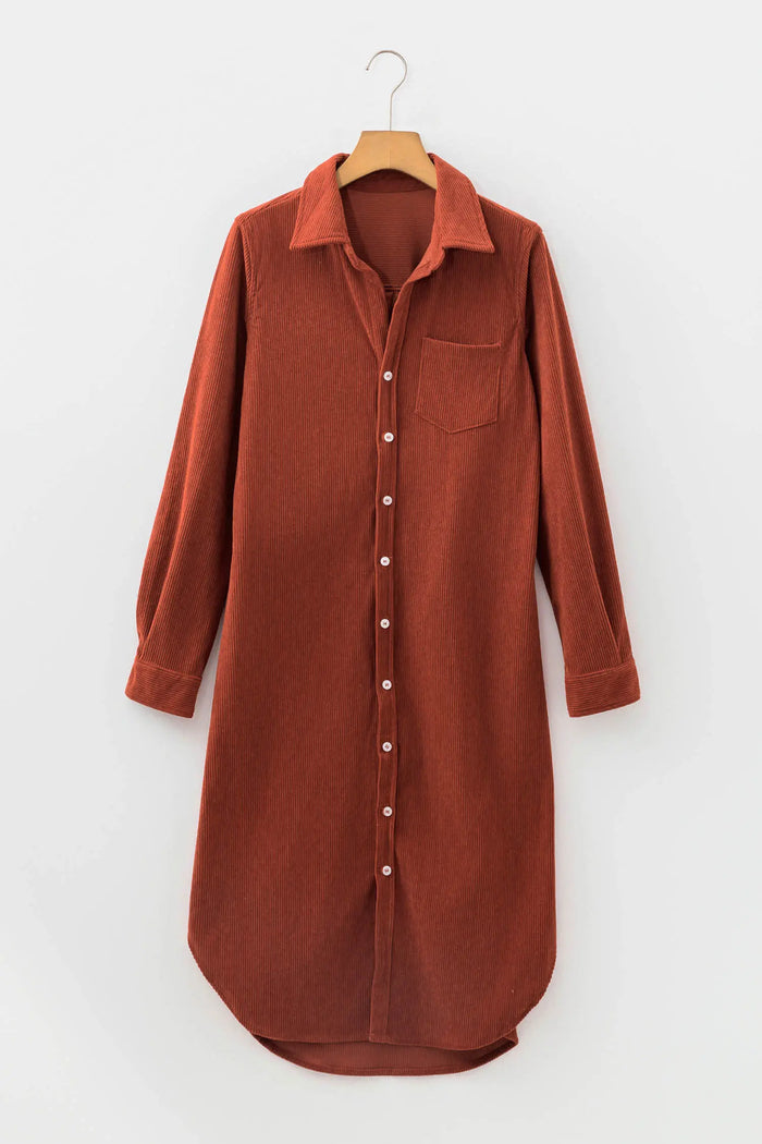 Long Sleeve Button Down Corduroy Midi Length One Piece Dress – Clay