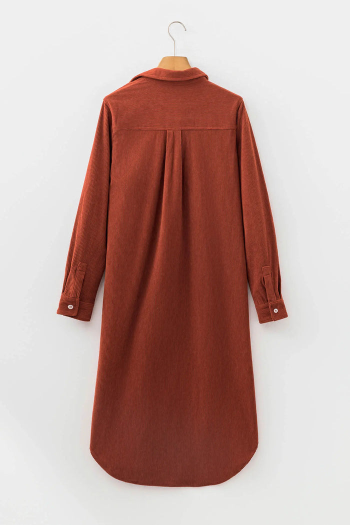 Long Sleeve Button Down Corduroy Midi Length One Piece Dress – Clay