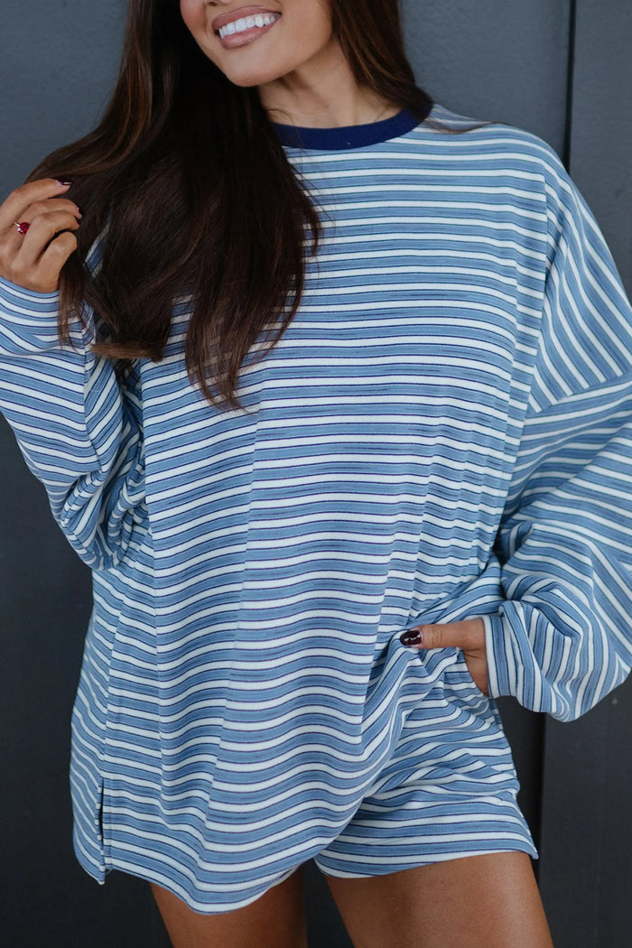 Long Sleeve Oversized Top Pocketed Casual Shorts Two Piece Set – Sky Blue Stripe
