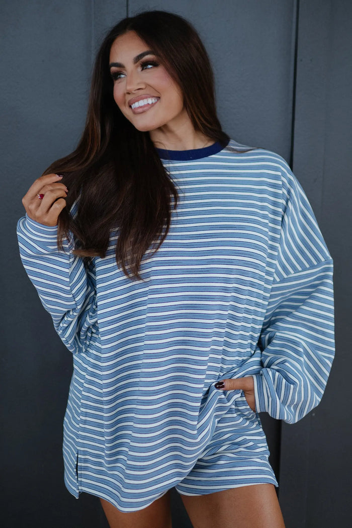 Long Sleeve Oversized Top Pocketed Casual Shorts Two Piece Set – Sky Blue Stripe