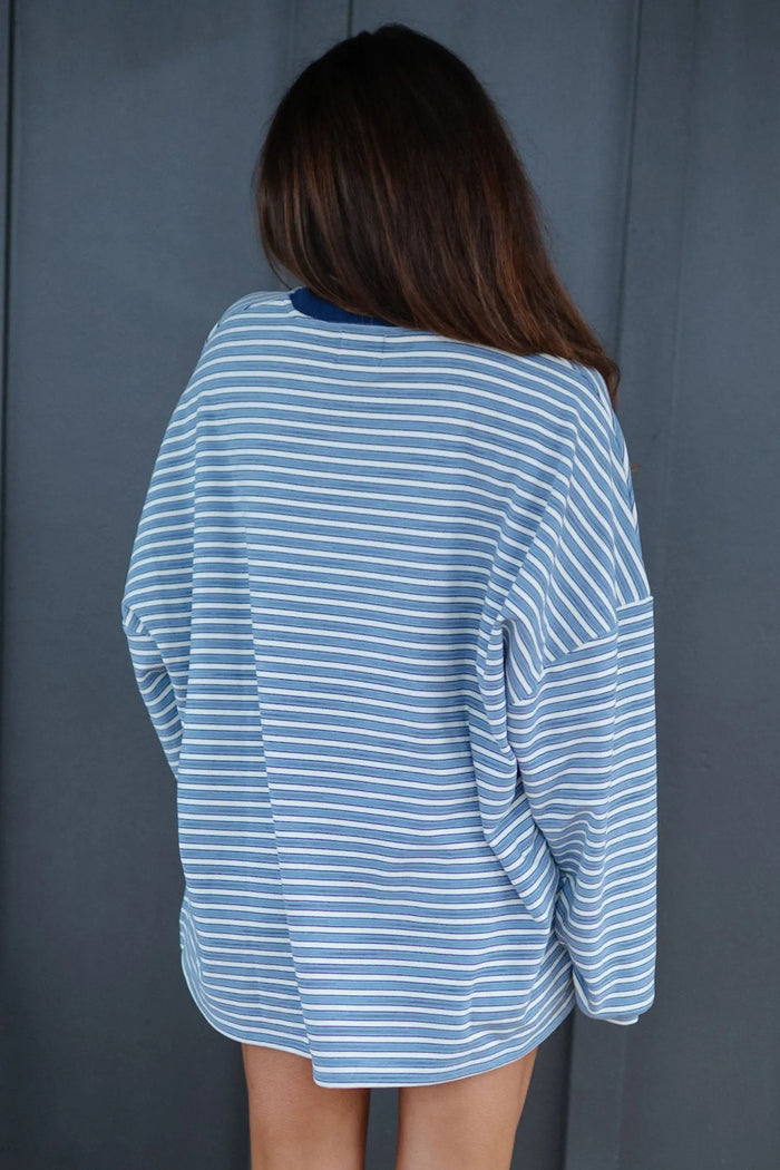 Long Sleeve Oversized Top Pocketed Casual Shorts Two Piece Set – Sky Blue Stripe