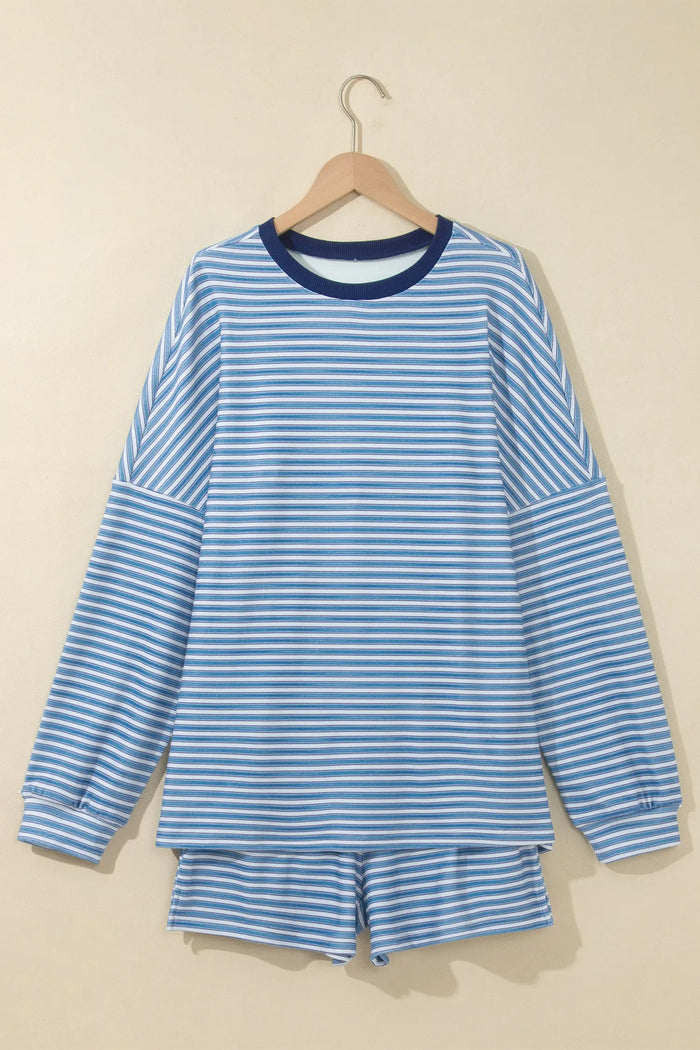 Long Sleeve Oversized Top Pocketed Casual Shorts Two Piece Set – Sky Blue Stripe