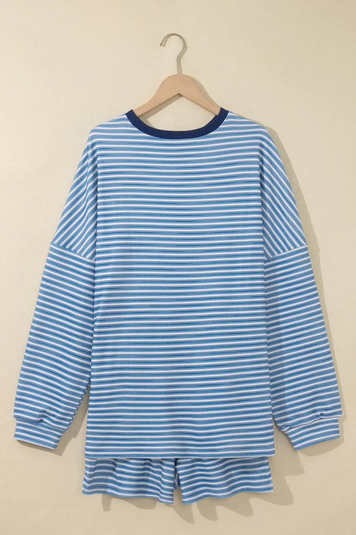 Long Sleeve Oversized Top Pocketed Casual Shorts Two Piece Set – Sky Blue Stripe