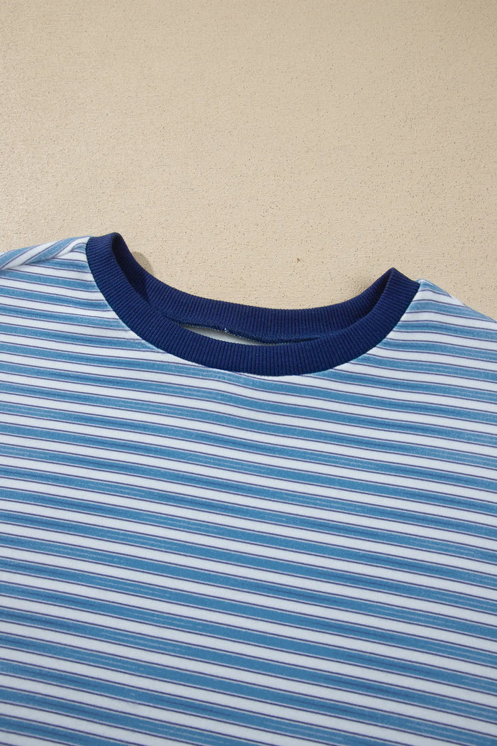 Long Sleeve Oversized Top Pocketed Casual Shorts Two Piece Set – Sky Blue Stripe