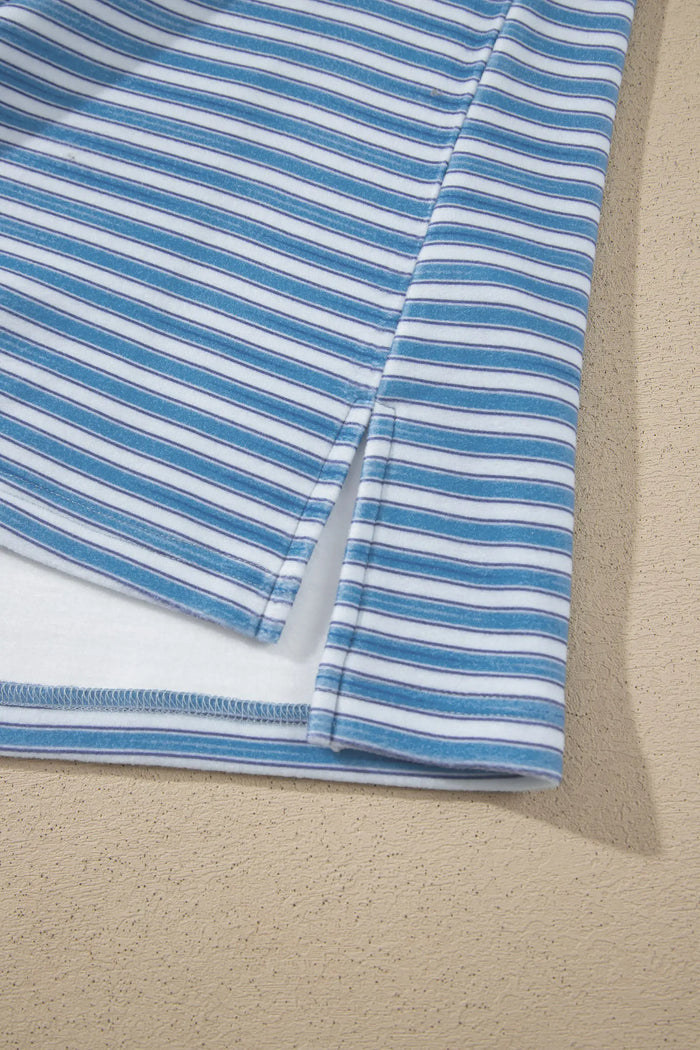 Long Sleeve Oversized Top Pocketed Casual Shorts Two Piece Set – Sky Blue Stripe