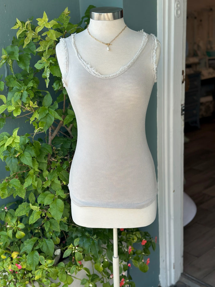 Lor Beige Tank on mannequin. front view
