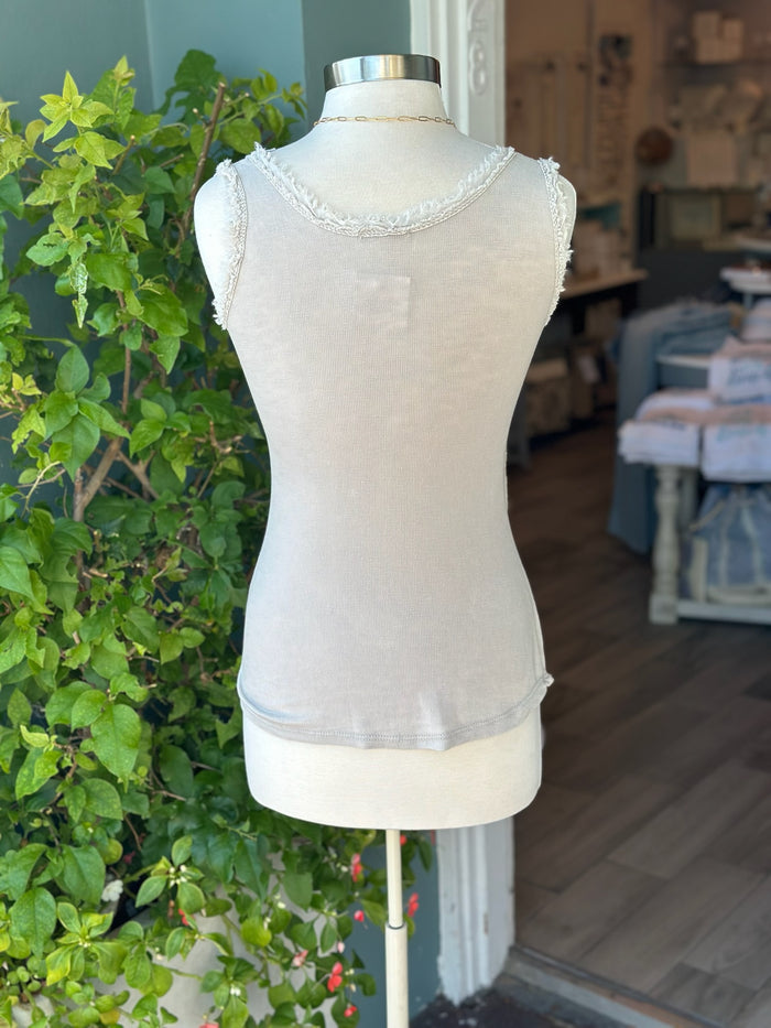 Lori Tank in beige on mannequin. Back view.