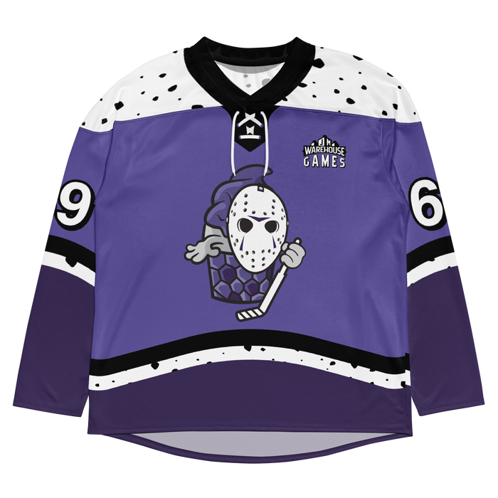 Purple floorball jersey featuring a playful graphic of a masked character holding a stick, with a sporty design.