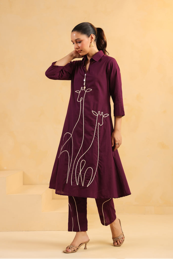 Majestic Muse Giraffe Purple Embroidered Cotton Co-ord Set