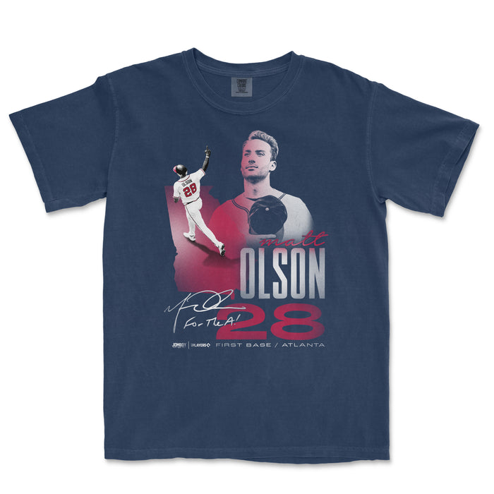 Navy Comfort Colors T-shirt featuring a graphic of Matt Olson, his signature, and the number 28, celebrating his baseball career.
