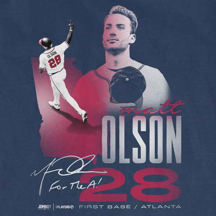 Close-up of a Comfort Colors tee featuring Matt Olson's signature, a large photo, and graphic design celebrating his baseball career.