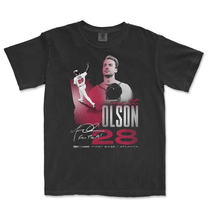 Black Comfort Colors tee featuring Matt Olson's signature, a large image of him, and baseball-themed graphics in pink and gray.