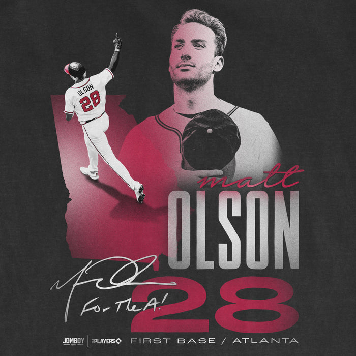 Black Comfort Colors tee featuring Matt Olson's signature, a large graphic of him with a baseball, and team details.