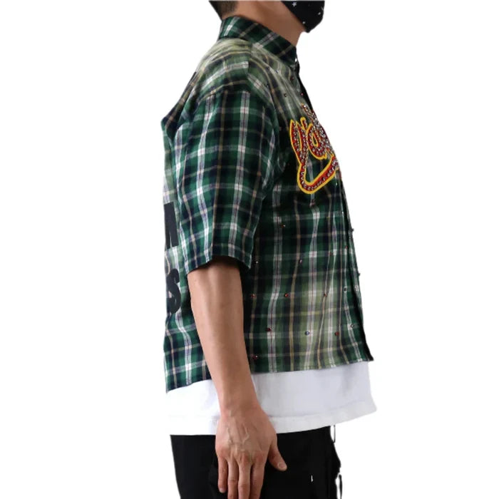Men KLEEP Washed Flannel Crop Top Button Down Shirt