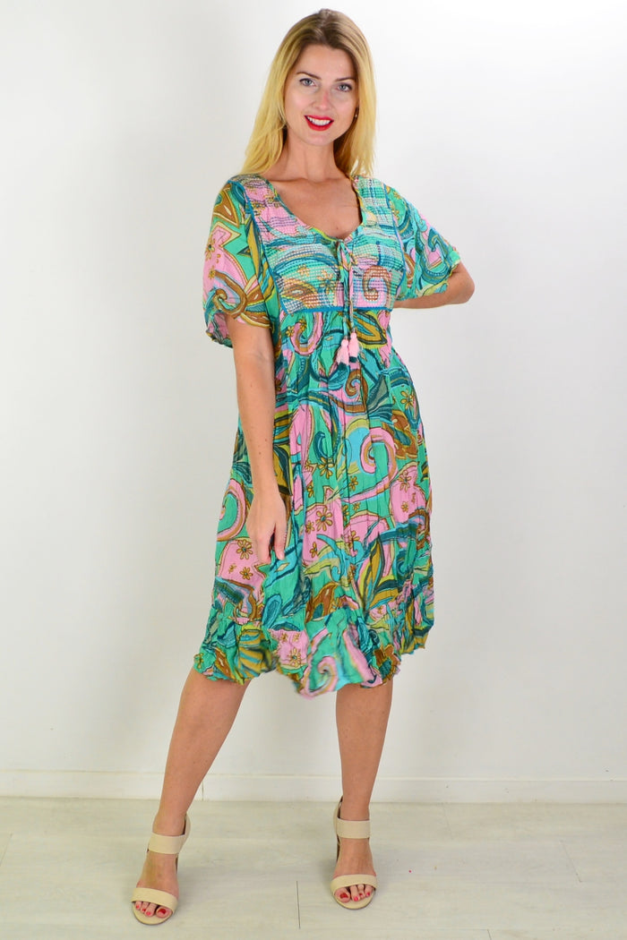 Orientique Mennagio Boho Bib Dress Tunic featuring a relaxed fit, bohemian style with intricate patterns and lightweight fabric.