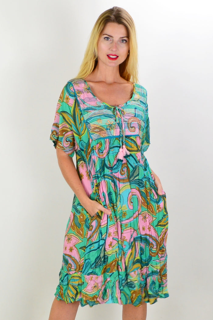 Orientique Mennagio Boho Bib Dress Tunic featuring a flowy, bohemian style with intricate patterns and relaxed fit.