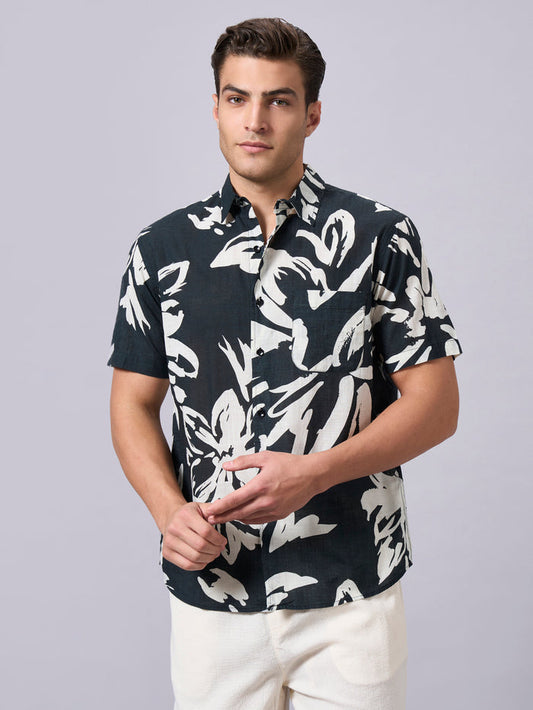 Men's 100% Cotton Regular Fit Half Sleeves Printed Shirt Black