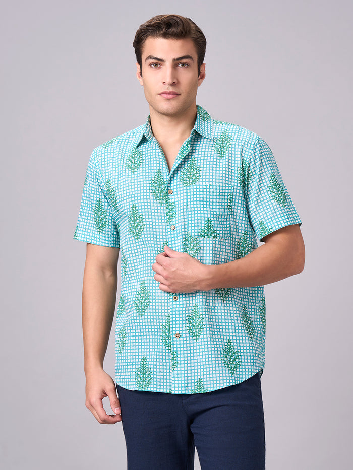 Men's 100% Cotton Regular Fit Half Sleeves Printed Shirt Green